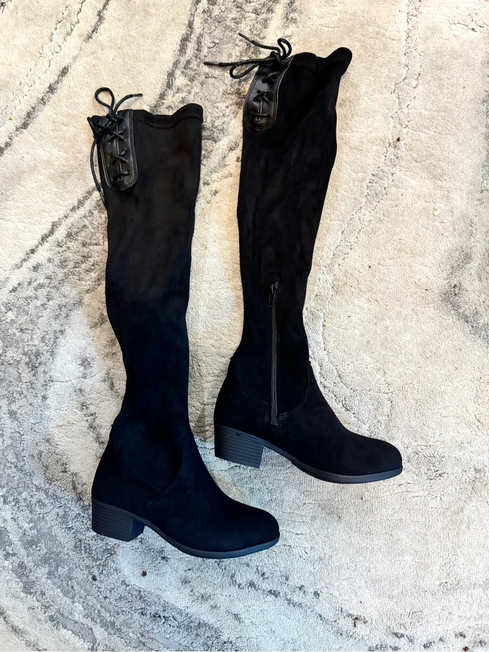 Kids Black Over-the-Knee Suede-Look Boots with Lace Top